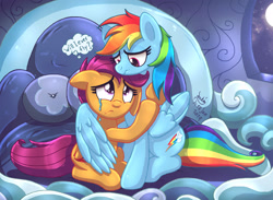 Size: 2455x1800 | Tagged: safe, alternate version, artist:joakaha, character:rainbow dash, character:scootaloo, species:pegasus, species:pony, bed, comforting, crying, duo, female, filly, hug, mare, scootaloo can't fly, scootasad, winghug