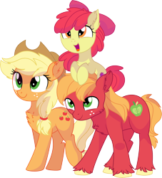 Size: 7597x8362 | Tagged: safe, artist:aureai-sketches, artist:cyanlightning, character:apple bloom, character:applejack, character:big mcintosh, species:earth pony, species:pony, .svg available, absurd resolution, adorabloom, apple family, big eyes, bow, brother and sister, cheek fluff, chest fluff, clothing, cute, ear fluff, family, female, filly, floppy ears, fluffy, freckles, hair bow, hat, jackabetes, leg fluff, looking up, macabetes, male, mare, missing accessory, open mouth, ponies riding ponies, pony hat, raised leg, siblings, simple background, smiling, stallion, transparent background, unshorn fetlocks, vector