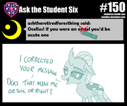 Size: 800x667 | Tagged: safe, artist:sintakhra, character:ocellus, species:changeling, species:reformed changeling, tumblr:studentsix, angle, ask, correction, dialogue, fake cutie mark, female, lidded eyes, looking at you, post-it, pun, simple background, smartass, smiling, smirk, smug, smug bug, solo, talking to viewer, text, tumblr, white background
