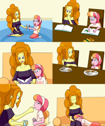 Size: 2000x2400 | Tagged: safe, artist:jake heritagu, character:adagio dazzle, oc, oc:honeycrisp blossom, parent:big macintosh, parent:princess cadance, parents:cadmac, comic:aria's archives, my little pony:equestria girls, apple slice, book, bread, chair, clothing, coloring book, comic, couch, crayon, cute, dialogue, doll, dress, eating, female, food, fork, freckles, grimdark series, hairband, knife, mashed potatoes, meat, offspring, plate, potato, questionable series, skirt, sleeping, speech bubble, steak, table, toy