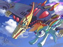 Size: 2828x2120 | Tagged: safe, artist:grissaecrim, character:rainbow dash, species:pegasus, species:pony, cloud, commission, crossover, dinobot, fall of cybertron, female, mare, signature, sky, smiling, swoop, transformers