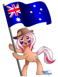 Size: 2222x2932 | Tagged: safe, artist:xwhitedreamsx, oc, oc only, species:earth pony, species:pony, australia, bipedal, female, flag, freckles, mare, open mouth, simple background, smiling, solo, transparent background, underhoof