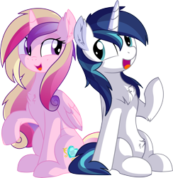 Size: 6649x6825 | Tagged: safe, artist:aureai-sketches, artist:cyanlightning, character:princess cadance, character:shining armor, species:alicorn, species:pony, species:unicorn, ship:shiningcadance, .svg available, absurd resolution, chest fluff, cute, cutedance, ear fluff, female, folded wings, lidded eyes, looking at each other, male, mare, missing accessory, open mouth, shipping, simple background, sitting, smiling, stallion, straight, transparent background, vector, wings