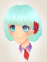 Size: 1024x1334 | Tagged: safe, artist:scarlet-spectrum, character:coco pommel, species:human, bust, cocobetes, colored pupils, cute, deviantart watermark, female, head only, human coloration, humanized, light skin, obtrusive watermark, portrait, solo, watermark