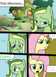 Size: 931x1280 | Tagged: safe, artist:didgereethebrony, character:fluttershy, oc, oc:boomerang beauty, oc:didgeree, species:pony, comic:a different type of testing, angry, ashamed, bitter, boomeree, explicit series, fluttershy's cottage, glare, reupload, sad, updated, updated design, updated image