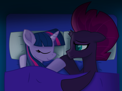 Size: 11317x8418 | Tagged: safe, artist:ejlightning007arts, character:fizzlepop berrytwist, character:tempest shadow, character:twilight sparkle, ship:tempestlight, my little pony: the movie (2017), absurd resolution, bed, broken horn, cute, eyes closed, female, horn, lesbian, night, pillow, shipping, sleeping, tempestbetes, tired, twiabetes