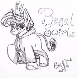 Size: 2579x2579 | Tagged: safe, artist:binkyt11, species:classical unicorn, species:pony, species:unicorn, body markings, clothing, cloven hooves, crossover, crown, curved horn, elf ears, grand minimus, horn, jewelry, leonine tail, male, monochrome, ponified, rayman, regal, regalia, robe, royalty, solo, stallion, teensies, traditional art, unshorn fetlocks