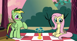 Size: 1280x690 | Tagged: safe, artist:didgereethebrony, base used, character:fluttershy, oc, oc:didgeree, species:pony, blushing, bush, canon x oc, date, flower, flower pot, implied shipping, missing cutie mark, picnic blanket, tree