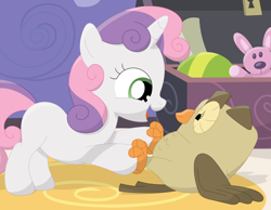 Size: 1014x788 | Tagged: safe, artist:porygon2z, character:owlowiscious, character:sweetie belle, awww, ball, cute, plush bunny, plushie, toy box