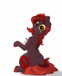 Size: 2209x2715 | Tagged: safe, artist:greyscaleart, oc, oc only, oc:oblivia, species:earth pony, species:pony, :>, back, cute, dock, ear fluff, female, freckles, looking at you, looking back, looking back at you, mare, raised hoof, signature, simple background, sitting, smiling, solo, unshorn fetlocks, white background, wide eyes