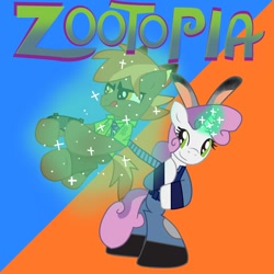 Size: 894x894 | Tagged: safe, artist:ejlightning007arts, character:button mash, character:sweetie belle, bunny ears, controller, crossover, female, fox ears, judy hopps, magic, male, nick wilde, shipping, shipping fuel, straight, sweetiemash, zootopia