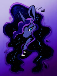 Size: 847x1129 | Tagged: safe, artist:greyscaleart, edit, character:princess luna, species:alicorn, species:pony, beautiful, bust, color, color edit, colored, constellation, constellation freckles, cute, ethereal mane, female, freckles, galaxy mane, greyscaleart is trying to murder us, hair over one eye, lidded eyes, lunabetes, mare, monochrome, neo noir, partial color, portrait, signature, simple background, smiling, smirk, solo, traditional art