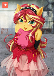 Size: 707x1000 | Tagged: safe, artist:uotapo, character:sunset shimmer, g4, my little pony: equestria girls, my little pony:equestria girls, blep, blushing, clothing, cute, female, hairband, hnnng, looking at you, open mouth, patreon, patreon logo, shimmerbetes, signature, silly, skirt, sleeveless, solo, super ponied up, tongue out, uotapo is trying to murder us