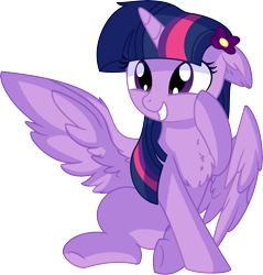 Size: 5953x6217 | Tagged: safe, artist:aureai-sketches, artist:cyanlightning, character:twilight sparkle, character:twilight sparkle (alicorn), species:alicorn, species:pony, .svg available, absurd resolution, adorkable, chest fluff, cute, dork, ear fluff, female, floppy ears, flower, flower in hair, happy, mare, simple background, sitting, smiling, solo, spread wings, squee, transparent background, twiabetes, underhoof, vector, wings