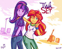 Size: 868x688 | Tagged: safe, artist:jowyb, character:sunset shimmer, character:twilight sparkle, ship:sunsetsparkle, my little pony:equestria girls, clothing, female, guitar, jewelry, lesbian, microphone, necklace, one eye closed, pants, peace sign, shipping, shirt, signature, smiling, speaker, wink, wristband
