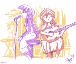 Size: 3304x2783 | Tagged: safe, artist:jowyb, character:rarity, character:sunset shimmer, character:twilight sparkle, ship:sunsetsparkle, my little pony:equestria girls, clothing, duo, eyes closed, female, guitar, keyboard, lesbian, microphone, musical instrument, open mouth, shipping, sitting, skirt, smiling