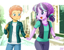 Size: 1200x936 | Tagged: safe, artist:uotapo, character:starlight glimmer, character:sunburst, ship:starburst, my little pony:equestria girls, beanie, blushing, child, clothing, cute, equestria girls-ified, female, glimmerbetes, hat, holding hands, implied starburst, implied straight, looking back, male, pants, pigtails, shipping, shirt, smiling, straight, uotapo is trying to murder us, vest, younger