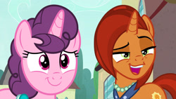 Size: 1280x720 | Tagged: safe, artist:dashiesparkle edit, artist:ktd1993, edit, edited screencap, screencap, character:stellar flare, character:sugar belle, species:pony, species:unicorn, episode:the parent map, g4, comparison, cute, female, lesbian, shipping, stellarbelle, stellarbetes, sugarbetes