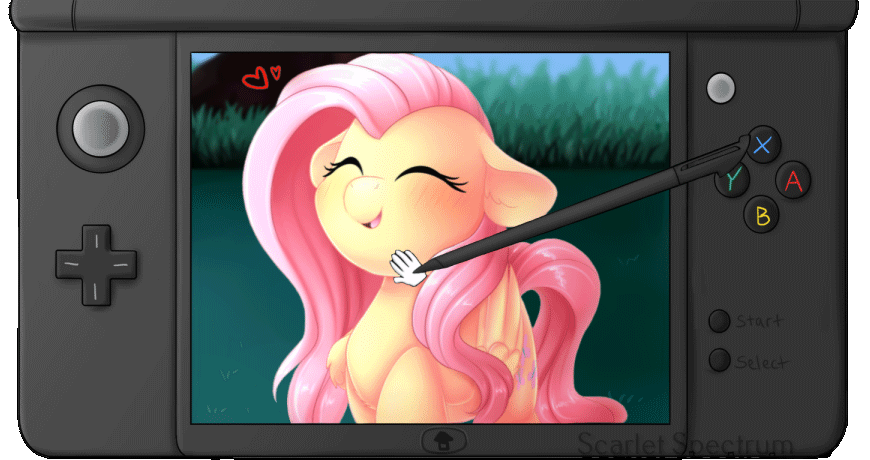 Size: 870x460 | Tagged: safe, artist:scarlet-spectrum, artist:szafir87, character:fluttershy, species:pegasus, species:pony, 3ds, animated, blushing, crossover, cute, eyes closed, female, floppy ears, gif, heart, hnnng, mare, nintendo, open mouth, petting, pokémon, raised hoof, shyabetes, solo, stylus, szafir87 is trying to murder us, weapons-grade cute