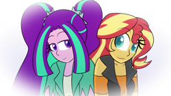Size: 1280x720 | Tagged: safe, artist:jake heritagu, character:aria blaze, character:sunset shimmer, comic:aria's archives, ship:sunblaze, g4, my little pony: equestria girls, my little pony:equestria girls, female, grimdark series, lesbian, looking at each other, questionable series, shipping, sunblaze