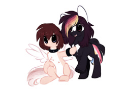 Size: 1024x728 | Tagged: safe, artist:little-sketches, oc, oc only, oc:ayaka, oc:masashi, species:earth pony, species:pegasus, species:pony, alternate design, chest fluff, choker, eye clipping through hair, female, male, mare, pale belly, ponified, simple background, species swap, spiked choker, stallion, white background