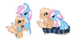 Size: 1396x764 | Tagged: safe, artist:little-sketches, oc, oc only, oc:liu, oc:mirta whoowlms, species:pegasus, species:pony, chest fluff, clothing, eye clipping through hair, pale belly, scarf, simple background, white background