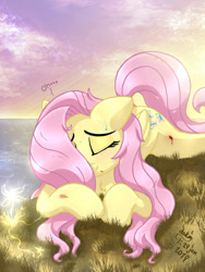 Size: 1050x1400 | Tagged: safe, artist:joakaha, character:fluttershy, species:pegasus, species:pony, blood, eyes closed, female, grass, injured, mare, sky, solo, sweat, water