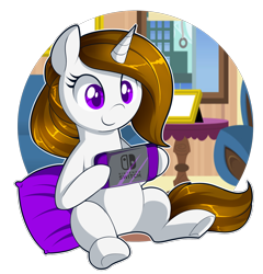 Size: 1784x1861 | Tagged: safe, artist:xwhitedreamsx, oc, oc only, species:pony, species:unicorn, female, mare, nintendo switch, pillow, simple background, smiling, solo, transparent background