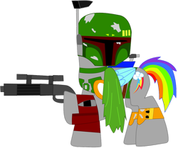 Size: 977x817 | Tagged: safe, artist:ejlightning007arts, character:rainbow dash, species:pegasus, species:pony, armor, blaster, boba fett, cape, clothing, crossover, cutie mark on clothes, energy weapon, gun, jetpack, simple background, star wars, transparent background, vector, weapon