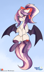 Size: 2011x3284 | Tagged: safe, artist:xwhitedreamsx, oc, oc only, oc:sweet velvet, species:bat pony, species:pony, bat pony oc, bow, clothing, female, hair bow, high res, looking at you, patreon, patreon logo, paywalled alternate version, smiling, socks, solo