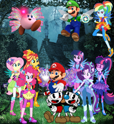 Size: 1799x1947 | Tagged: safe, artist:greenmachine987, artist:limedazzle, artist:mixiepie, artist:user15432, character:fluttershy, character:pinkie pie, character:rainbow dash, character:starlight glimmer, character:sunset shimmer, character:twilight sparkle, character:twilight sparkle (alicorn), character:twilight sparkle (scitwi), species:alicorn, species:eqg human, species:pony, equestria girls:legend of everfree, g4, my little pony: equestria girls, my little pony:equestria girls, aura, barely eqg related, clothing, crossover, crystal guardian, crystal wings, cuphead, cuphead (character), enchanted forest, fairies, fairies are magic, fairy, fairy wings, forest, hasbro, hasbro studios, house, kirby, kirby (character), luigi, luigidash, luigishy, luitwi, magic, magic aura, male, maridash, mario, mario & luigi, mariopie, marioshy, mugman, nintendo, ponied up, pony ears, puffball, studio mdhr, super mario bros., super ponied up, super smash bros., winged humanization, wings