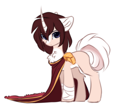 Size: 790x693 | Tagged: safe, artist:little-sketches, oc, oc only, oc:masashi, species:pony, species:unicorn, chest fluff, cloak, clothing, male, pale belly, race swap, simple background, solo, stallion, white background
