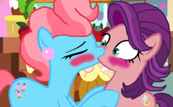 Size: 922x576 | Tagged: safe, artist:bobthelurker, artist:ktd1993, artist:rizonomi, character:cup cake, character:spoiled rich, species:pony, blushing, female, infidelity, kissing, lesbian, shipping, spoiledcake