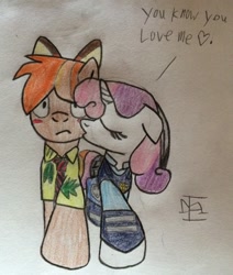 Size: 2080x2448 | Tagged: safe, artist:ejlightning007arts, character:button mash, character:sweetie belle, bunny ears, clothing, crossover, female, fox ears, hand drawing, hawaiian shirt, judy hopps, kissing, male, nick wilde, police, shipping, shirt, straight, sweetiemash, text, traditional art, zootopia