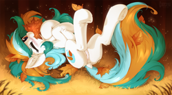 Size: 1400x776 | Tagged: safe, artist:hioshiru, edit, oc, oc only, oc:eileen, species:earth pony, species:pony, autumn, blushing, butt, chest fluff, cute, dawwww, dock, ear fluff, eyelashes, featureless crotch, female, fluffy, hnnng, leaves, legs in air, looking at you, mare, mouth hold, nom, ocbetes, on back, one eye closed, outdoors, plot, sfw edit, smiling, solo, underhoof