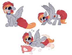 Size: 1696x1296 | Tagged: safe, artist:little-sketches, oc, oc only, oc:arian blaze, species:pegasus, species:pony, behaving like a dog, bone, chest fluff, chibi, collar, eye clipping through hair, feather, female, mare, mouth hold, on back, pillow, pony pet, simple background, solo, tail wag, tongue out, white background