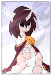 Size: 472x674 | Tagged: safe, artist:little-sketches, oc, oc only, oc:masashi, species:pony, species:unicorn, bandage, chest fluff, cloak, clothing, curved horn, ear fluff, eye clipping through hair, horn, male, pale belly, race swap, sitting, solo, stallion, zoom layer