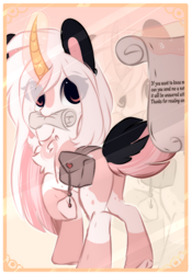 Size: 472x674 | Tagged: safe, artist:little-sketches, oc, oc only, oc:taki, species:earth pony, species:pony, card, chest fluff, coat markings, colored hooves, curved horn, cute, eye clipping through hair, female, horn, looking at you, looking back, looking back at you, magic, mare, mouth hold, plot, raised hoof, rear view, saddle bag, scroll, solo, telekinesis, underhoof, zoom layer