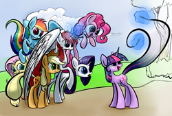 Size: 1748x1181 | Tagged: safe, artist:underpable, character:applejack, character:fluttershy, character:pinkie pie, character:rainbow dash, character:rarity, character:twilight sparkle, oc, oc:fausticorn, creation, drawing, drawn into existence, female, fourth wall, happy, lauren faust, mother, ponified, smiling