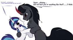 Size: 1131x629 | Tagged: safe, artist:little-sketches, character:king sombra, character:shining armor, species:pony, species:unicorn, blushing, chest fluff, curved horn, dialogue, eye clipping through hair, horn, male, simple background, stallion, vulgar, white background