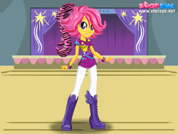 Size: 800x600 | Tagged: safe, artist:user15432, character:scootaloo, species:pegasus, species:pony, my little pony:equestria girls, boots, bracelet, clothing, gymnasium, hasbro, hasbro studios, high heel boots, high heels, jewelry, ponied up, ponytail, rainbow hair, rainbow rocks outfit, shoes, stage, starsue