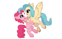 Size: 2050x1296 | Tagged: safe, artist:little-sketches, character:pinkie pie, character:princess skystar, species:earth pony, species:pony, ship:skypie, chest fluff, cute, female, lesbian, looking at each other, mare, shipping, simple background, white background