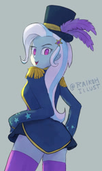 Size: 600x1003 | Tagged: safe, artist:grissaecrim, character:trixie, episode:street magic with trixie, g4, my little pony: equestria girls, my little pony:equestria girls, spoiler:eqg series (season 2), barrette, clothing, costume, cute, diatrixes, dress, epaulettes, female, gray background, hair accessory, hairclip, hairpin, hat, looking at you, looking back, looking back at you, magician outfit, microskirt, minidress, miniskirt, no pupils, raised eyebrow, simple background, skirt, skirt lift, smiling, socks, solo, teasing, thigh highs, top hat, zettai ryouiki