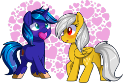 Size: 1714x1161 | Tagged: safe, artist:xwhitedreamsx, oc, oc only, oc:lighting faraday, species:pegasus, species:pony, species:unicorn, female, heart, heartception, holiday, male, mare, mouth hold, raised leg, simple background, stallion, transparent background, valentine's day, ych result