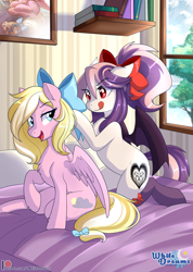 Size: 2855x4000 | Tagged: safe, artist:xwhitedreamsx, oc, oc only, oc:bay breeze, oc:sweet velvet, species:bat pony, species:pegasus, species:pony, bat pony oc, bed, book, bow, clothing, female, hair bow, mare, smiling, socks, tongue out