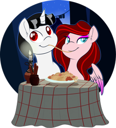 Size: 1455x1594 | Tagged: safe, artist:xwhitedreamsx, oc, oc:tilly, species:pegasus, species:pony, species:unicorn, bella notte, breadsticks, candle, candlelight dinner, colored wings, female, food, gradient wings, lady and the tramp, looking at you, male, mare, pasta, simple background, spaghetti, spaghetti scene, stallion, table, transparent background, ych result