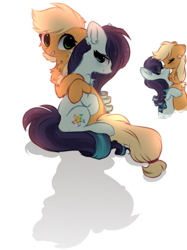 Size: 969x1296 | Tagged: safe, artist:little-sketches, character:applejack, character:coloratura, species:earth pony, species:pony, ship:rarajack, eyes closed, female, hug, kissing, lesbian, mare, shipping, smiling