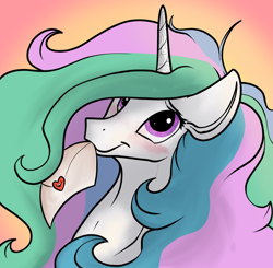 Size: 1632x1599 | Tagged: safe, artist:greyscaleart, derpibooru original, character:princess celestia, species:alicorn, species:pony, g4, :3, :t, blushing, bust, cute, cutelestia, female, floppy ears, gradient background, greyscaleart is trying to murder us, heart, holiday, letter, looking at you, love letter, mare, messy mane, missing accessory, mouth hold, nom, portrait, solo, valentine's day