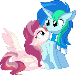 Size: 6799x6658 | Tagged: safe, artist:aureai-sketches, artist:cyanlightning, oc, oc:aureai, oc:cyan lightning, species:pegasus, species:pony, species:unicorn, .svg available, absurd resolution, best friends, butt, chest fluff, clothing, cute, duo, ear fluff, eyes closed, female, looking at each other, male, mare, older, plot, scarf, shipping, simple background, sitting, smiling, spread wings, stallion, straight, transparent background, underhoof, vector, wings