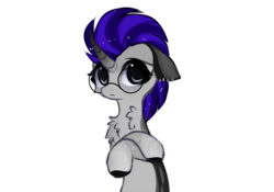 Size: 809x565 | Tagged: safe, artist:little-sketches, oc, oc only, oc:jaded bullet, species:pony, species:unicorn, chest fluff, female, glasses, looking at you, mare, multicolored hair, simple background, solo, white background
